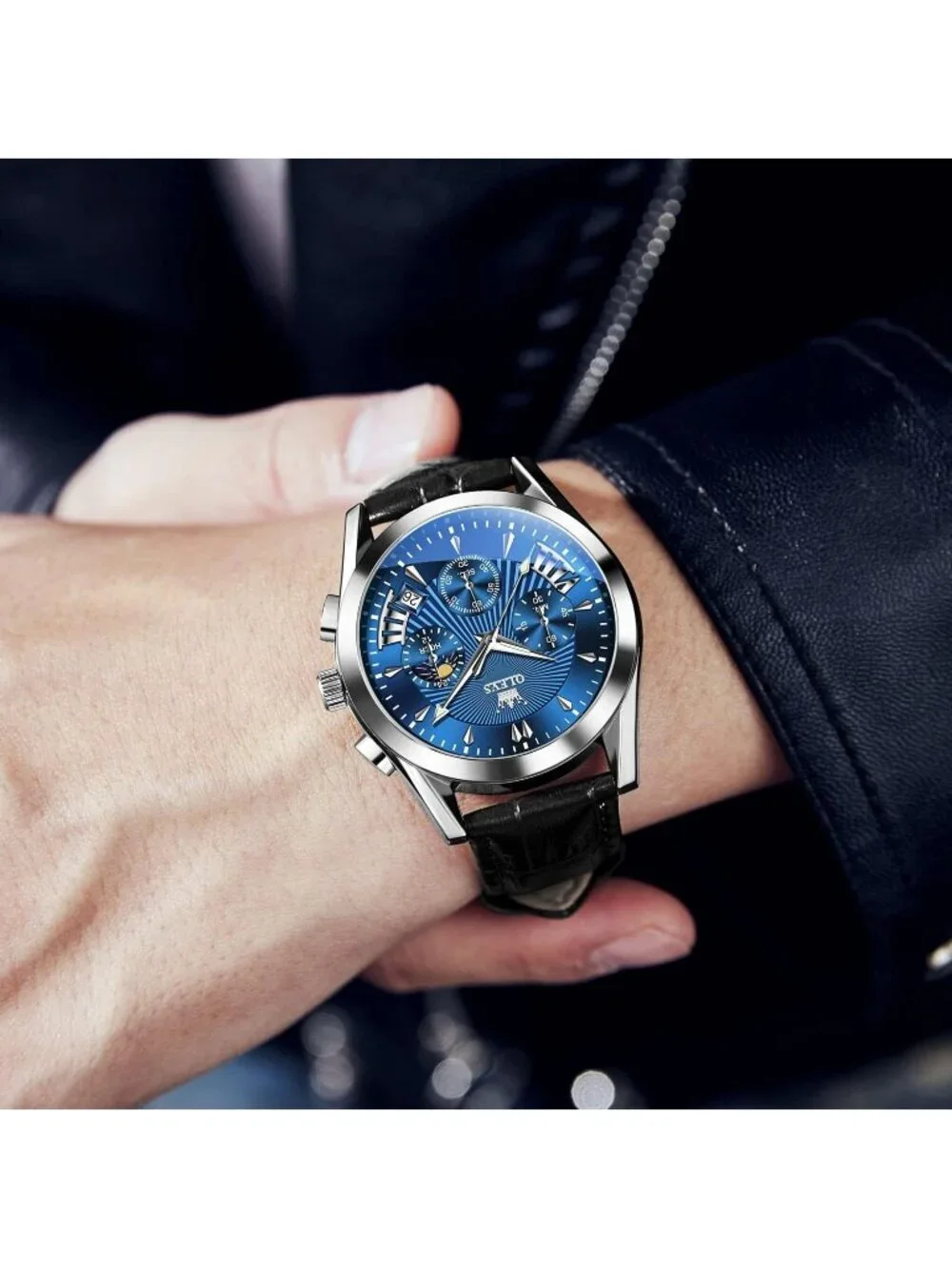 Men's Blue Leather Chronograph Watch Big Face Waterproof Date Luminous Watch